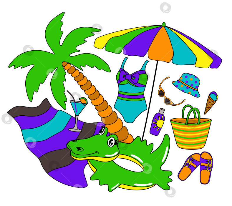 Скачать Векторный яркий летний набор пляжных аксессуаров. фотосток Ozero