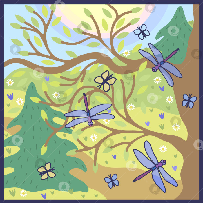 Скачать Векторная летняя концепция. Летний лес с деревьями, цветами, бабочками и стрекозами. фотосток Ozero