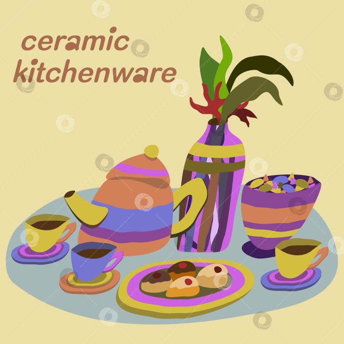 Скачать Векторный набор керамической посуды: чайная ложка, чашки, ваза с цветами и тарелки с печеньем и конфетами. фотосток Ozero