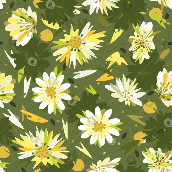 Скачать Векторный бесшовный цветочный узор с белыми и желтыми цветами на зеленом фоне. фотосток Ozero
