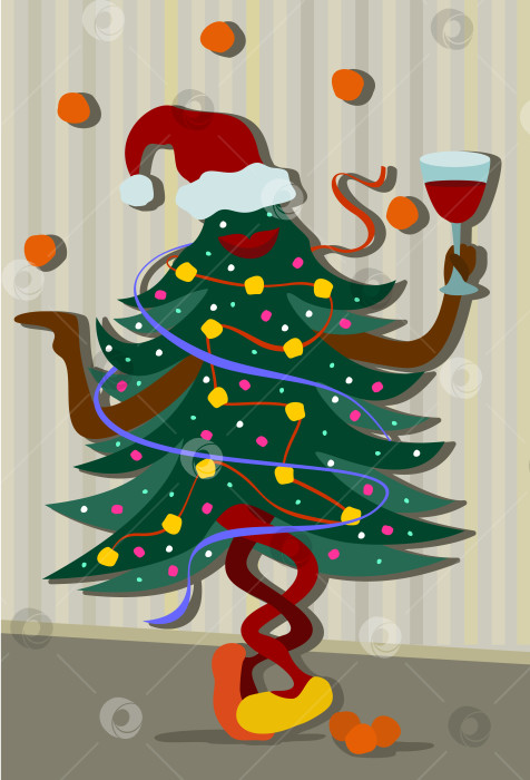 Скачать Новогодняя елка танцует с бокалом красного вина. фотосток Ozero
