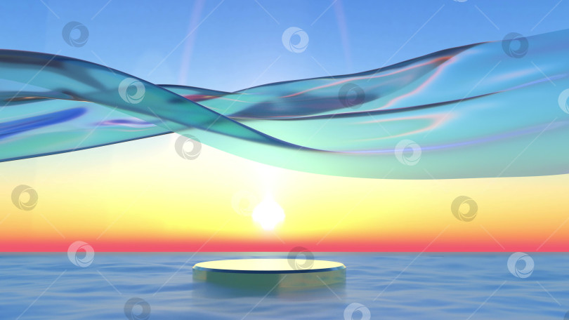 Скачать Подиум в море на закате и прозрачная ткань, развевающаяся на ветру фотосток Ozero