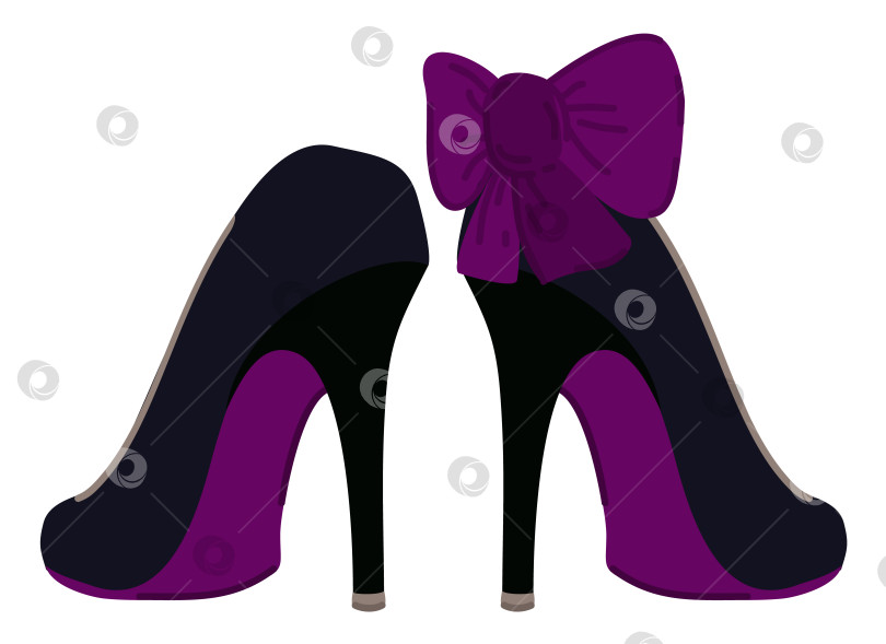 Скачать Элегантные черные туфли на высоком каблуке с фиолетовым декором. Векторная изолированная иллюстрация. фотосток Ozero