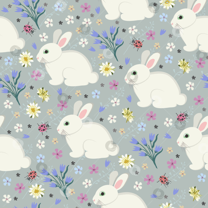 Скачать Векторный бесшовный узор с кроликами на пастельном цветочном фоне. фотосток Ozero