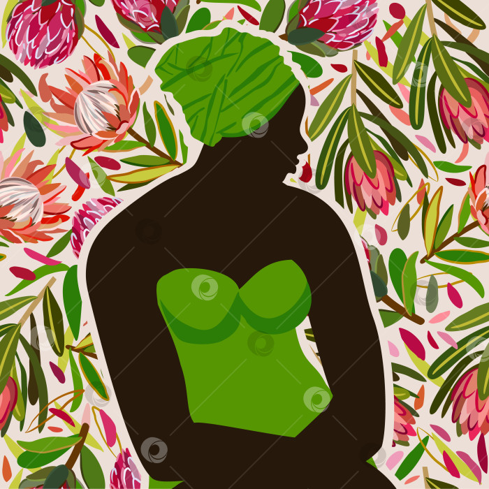 Скачать Силуэт африканской женщины в зеленом тюрбане и платье на экзотическом цветочном фоне. фотосток Ozero