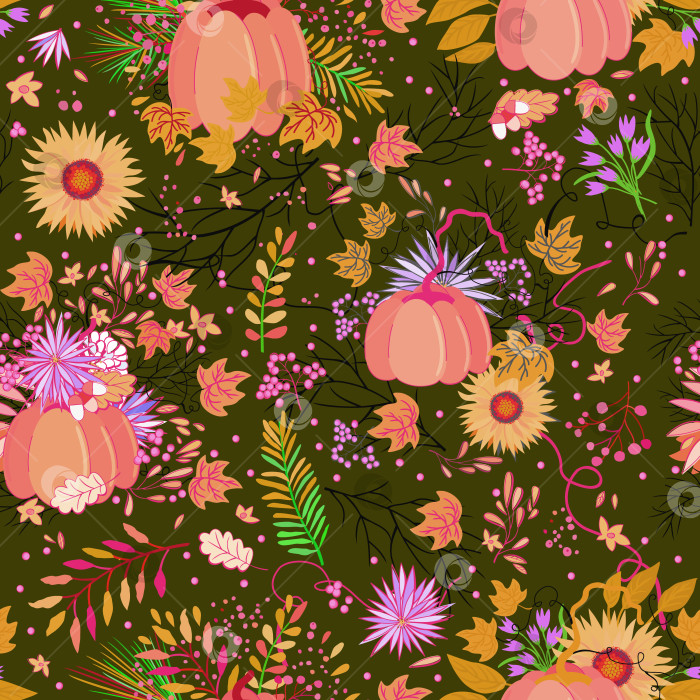 Скачать Векторный бесшовный узор с тыквами, листьями и сумеречными цветами. фотосток Ozero