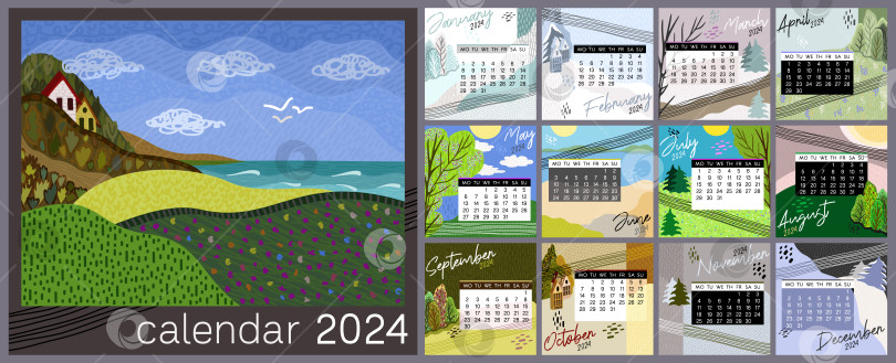 Скачать Календарь на 2024 год. Красочный ежемесячный календарь с различными пейзажами. Неделя начинается в понедельник. фотосток Ozero