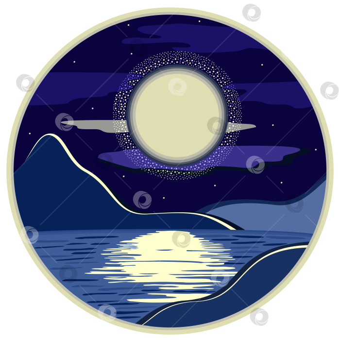 Скачать Векторный ночной пейзаж с луной, горами и озером по кругу. фотосток Ozero