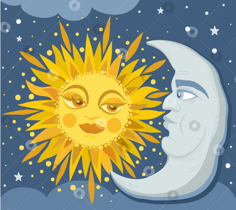 Скачать Векторная иллюстрация солнца и полумесяца с лицами среди звезд и облаков. фотосток Ozero