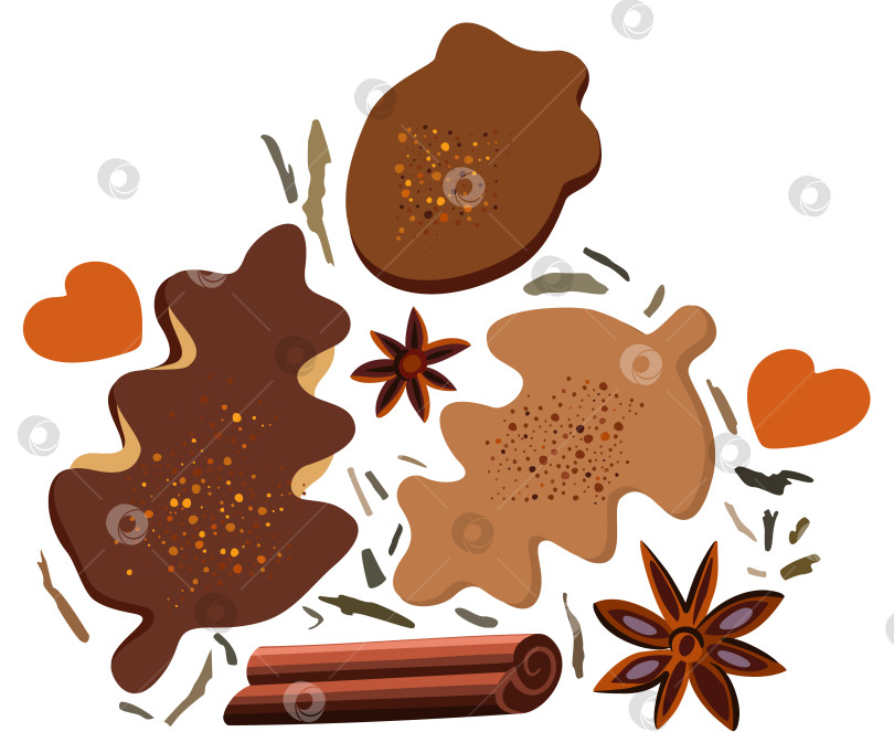 Скачать Векторный вкусный набор с печеньем, корицей, сухими листьями и сердечками. фотосток Ozero