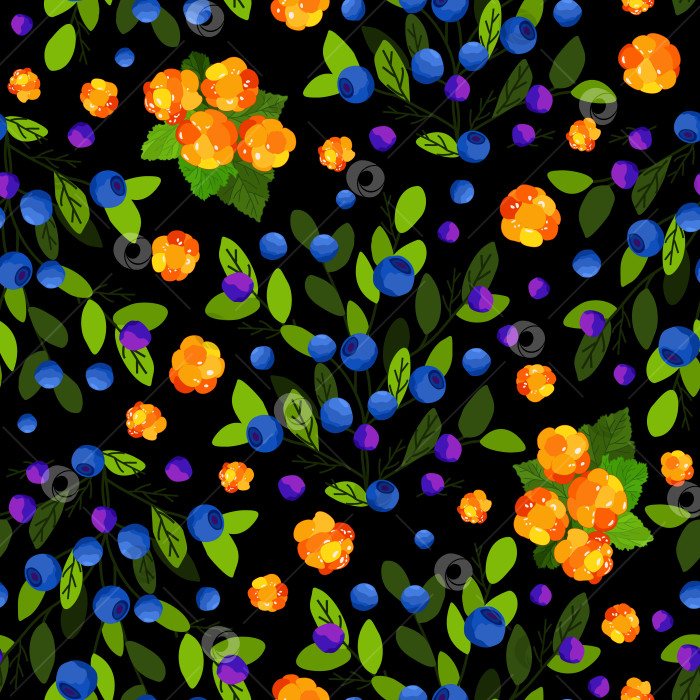 Скачать Векторный бесшовный узор с изображением морошки и ежевики с ветками и листьями. фотосток Ozero