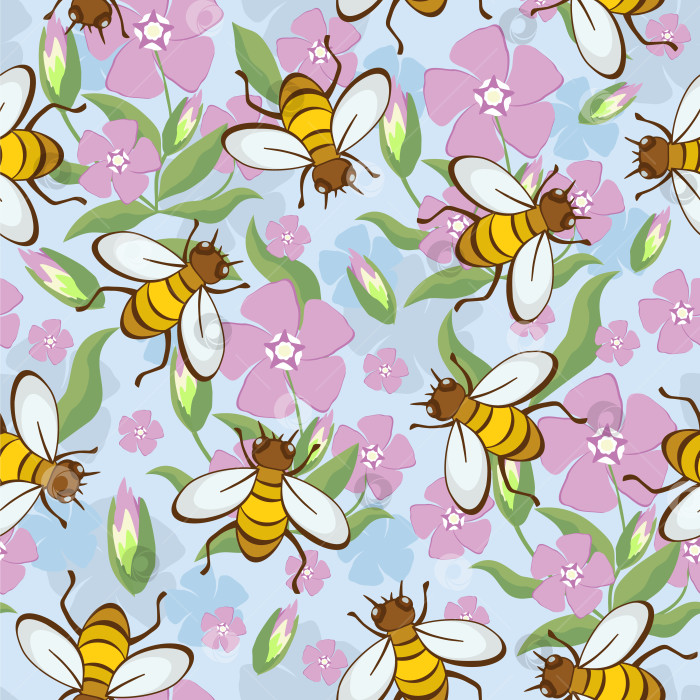 Скачать Векторный бесшовный цветочный узор с пчелами на розовых цветах. фотосток Ozero