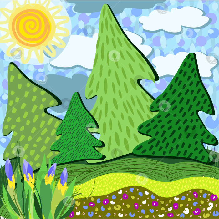 Скачать Весенний лес. Абстрактная векторная концепция с елями, цветами и солнцем. фотосток Ozero