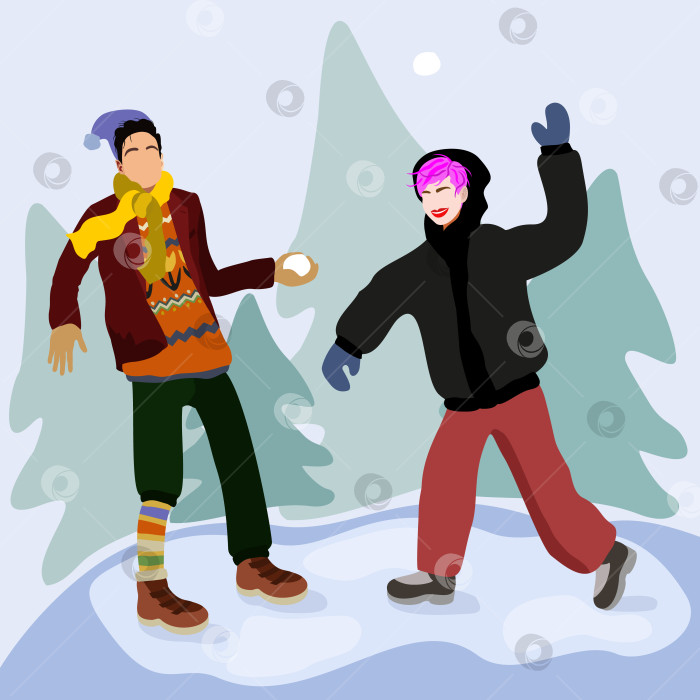 Скачать Молодые мужчина и женщина играют в снежки. фотосток Ozero