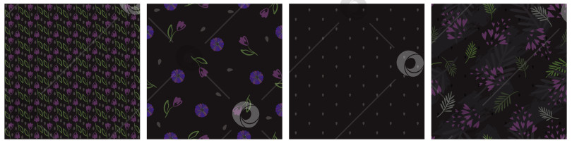 Скачать Векторный набор из четырех темных цветочных бесшовных узоров. фотосток Ozero