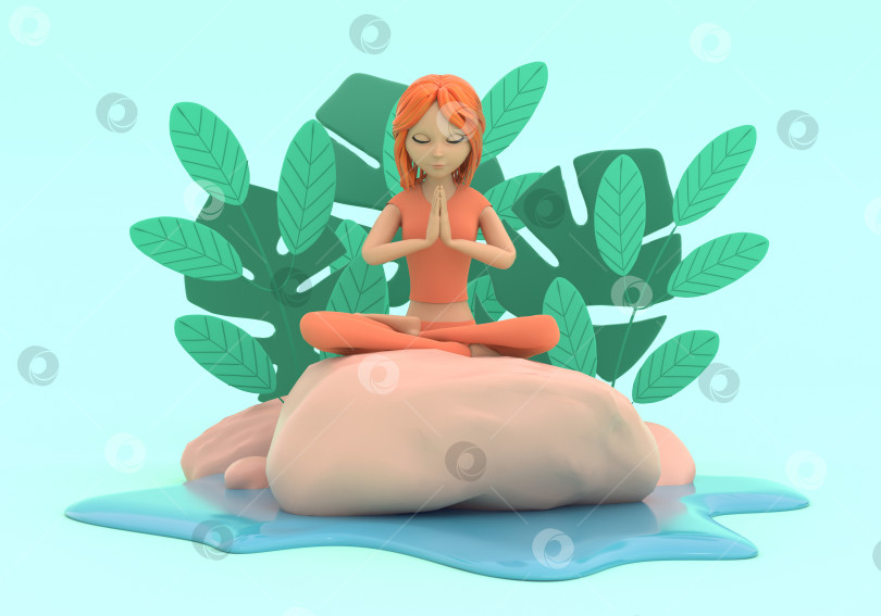Скачать Иллюстрация женщины, сидящей на камне среди тропических листьев у воды. Концепция релаксации, йога. 3D рендеринг фотосток Ozero