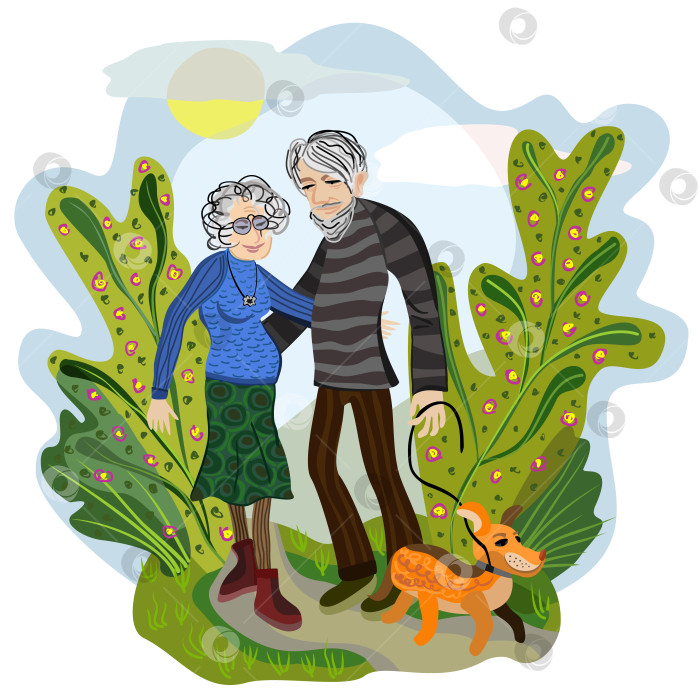 Скачать Векторная изолированная иллюстрация пожилой пары, гуляющей в парке с собакой. фотосток Ozero