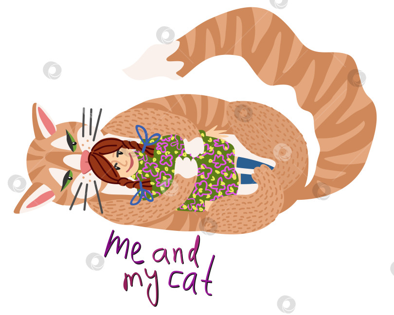 Скачать Я и мой кот. Векторная изолированная иллюстрация девушки со своей кошкой. фотосток Ozero