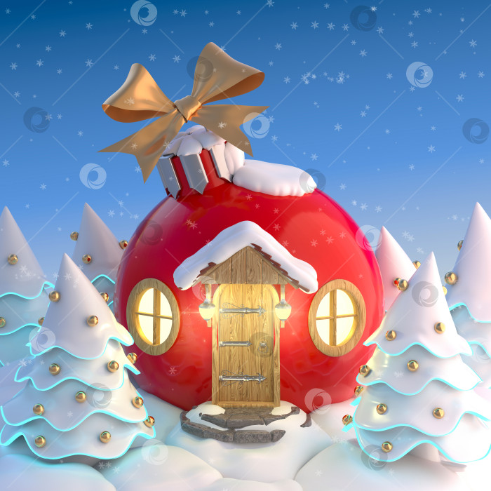 Скачать Детская иллюстрация зимнего рождественского домика, сделанного из елочной игрушки в лесу, и нарядных рождественских елок. Праздничная поздравительная открытка на Новый год и Рождество. 3D рендеринг фотосток Ozero