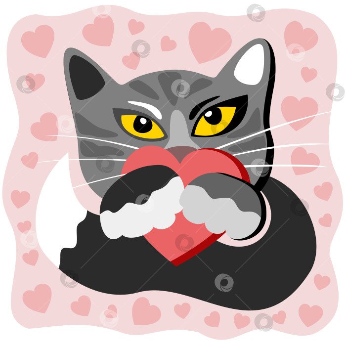 Скачать Векторная изолированная иллюстрация черной кошки с сердцем в лапах. Розовый фон с сердечками. фотосток Ozero