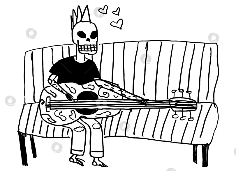 Скачать Векторный монохромный изолированный детский рисунок со скелетом, играющим на гитаре. фотосток Ozero