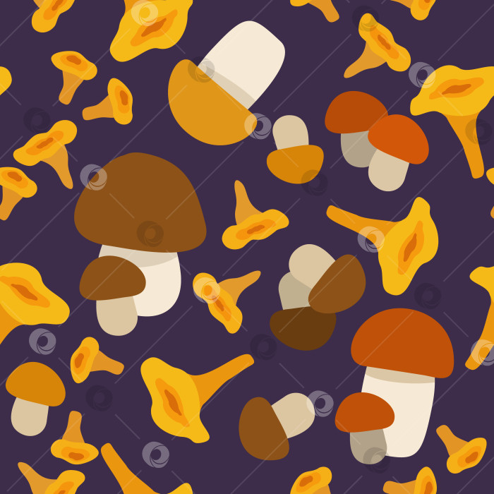 Скачать Бесшовный векторный узор с различными грибами на темно-фиолетовом фоне. фотосток Ozero