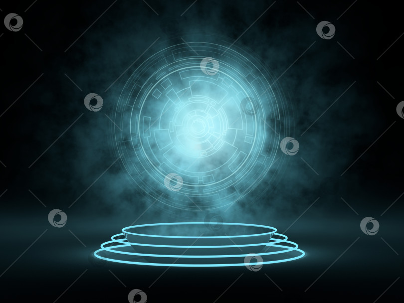 Скачать Таинственный мистический подиум с цифровым порталом в неоновом освещении. 3D рендеринг фотосток Ozero