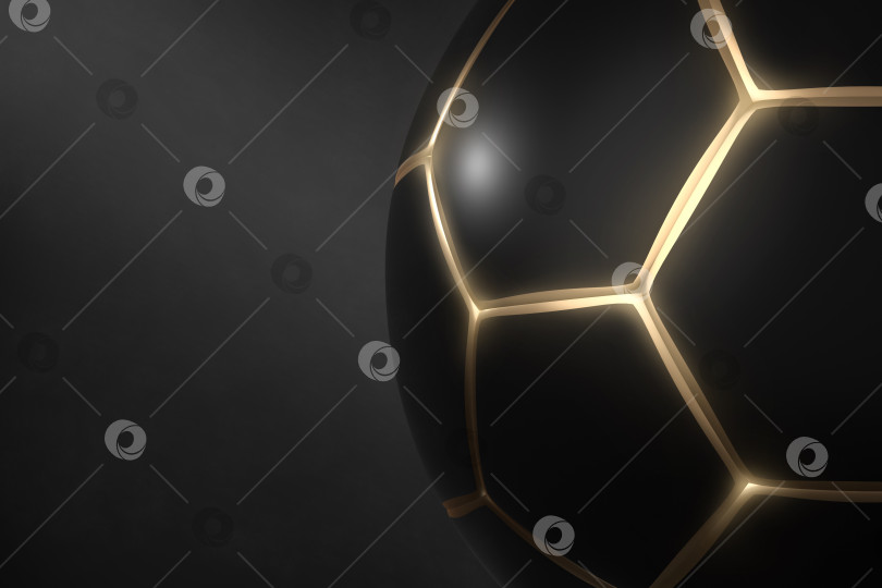 Скачать Темный баннер с черным футбольным мячом со светящимися золотыми швами. Концепция олимпийского вида спорта - это футбол. 3D рендеринг фотосток Ozero