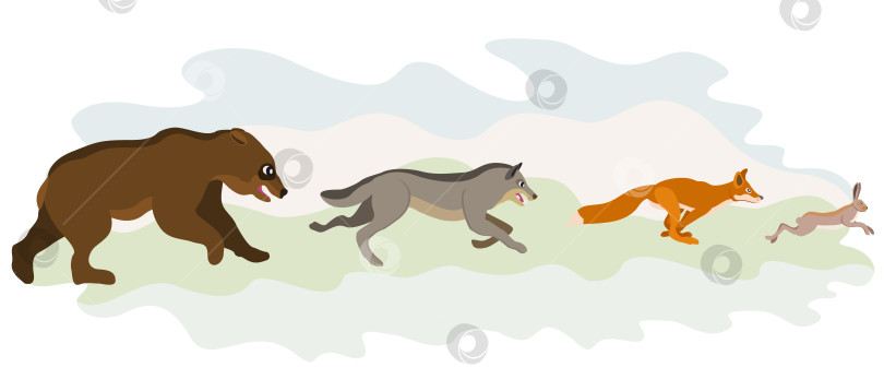 Скачать Животные бегут друг за другом. Заяц, лиса, волк, медведь. Векторная изолированная иллюстрация. фотосток Ozero