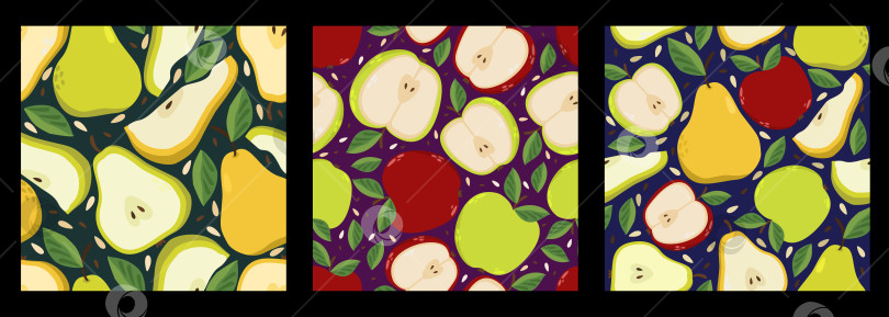 Скачать Векторная коллекция из трех бесшовных узоров с яблоками и грушами. фотосток Ozero
