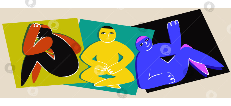 Скачать Три векторные фигуры, иллюстрирующие различные эмоции: задумчивость, спокойствие и беспечность. фотосток Ozero
