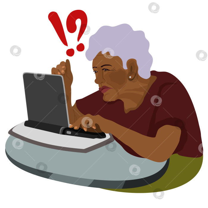Скачать Пожилая увлеченная женщина с ноутбуком. Векторная изолированная иллюстрация. фотосток Ozero
