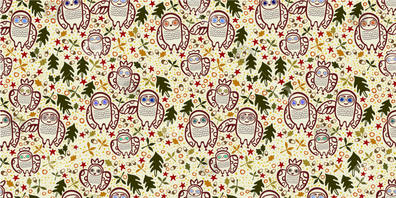 Скачать Осенний лес. Рисованная иллюстрация с совами. Бесшовный векторный узор на пастельно-желтом фоне. фотосток Ozero