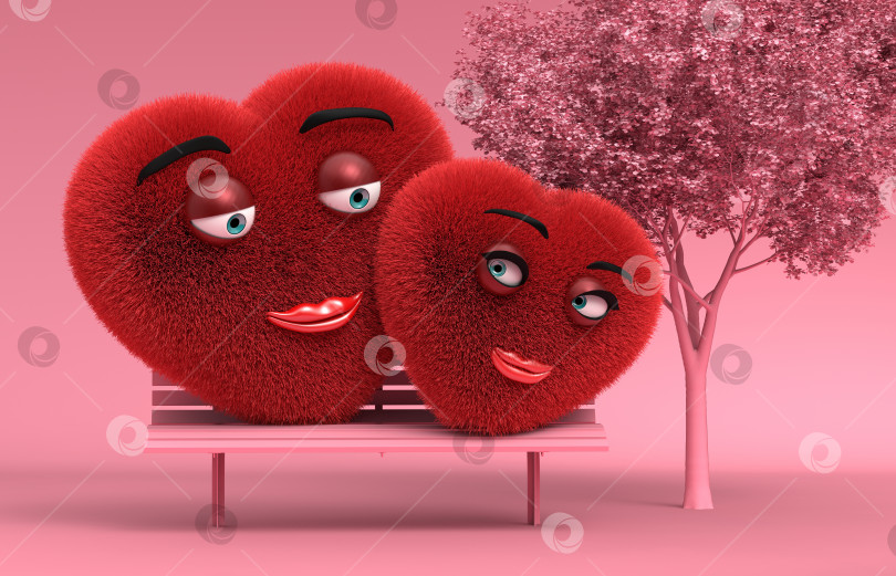 Скачать Романтическая иллюстрация с двумя любящими сердцами на скамейке возле дерева. День Святого Валентина, День святого Валентина. 3D рендеринг фотосток Ozero
