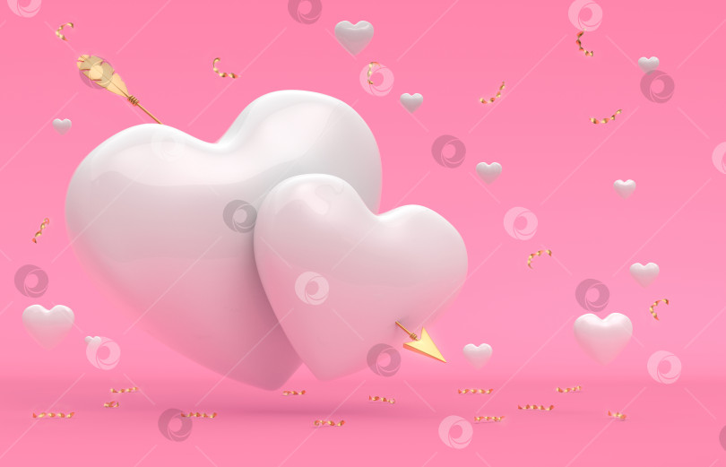 Скачать Праздничная открытка на День Святого Валентина с белыми сердечками со стрелкой и золотистым конфетти. 3D рендеринг фотосток Ozero