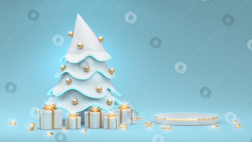 Скачать Изящная абстрактная иллюстрация подиума на Рождество и Новый год с белой рождественской елкой, украшенной золотыми шарами и подарками. Праздничное волшебное настроение в баннере. 3D рендеринг фотосток Ozero