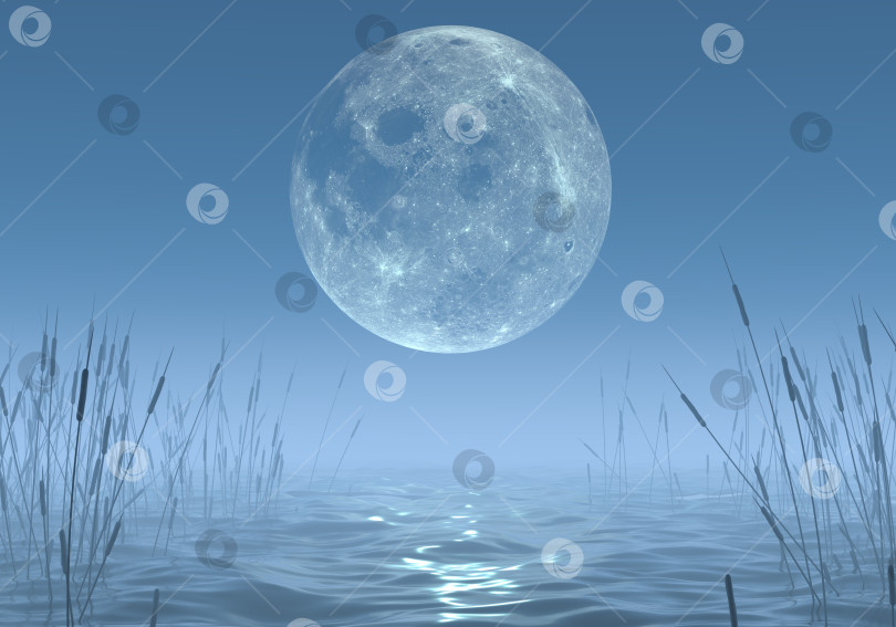 Скачать Необычно большая луна в туманных сумерках над водой с камышами. Таинственная волшебная фантастическая иллюстрация природы. 3D рендеринг фотосток Ozero