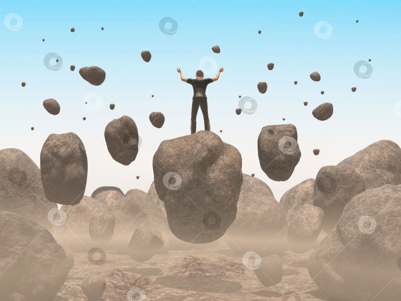 Скачать Сюрреалистическая иллюстрация мужчины-фокусника, поднимающего камни. 3D рендеринг фотосток Ozero