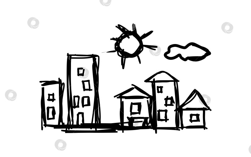 Скачать город рисунок ребенка. городской пейзаж детское искусство. дома, солнце и небо фотосток Ozero