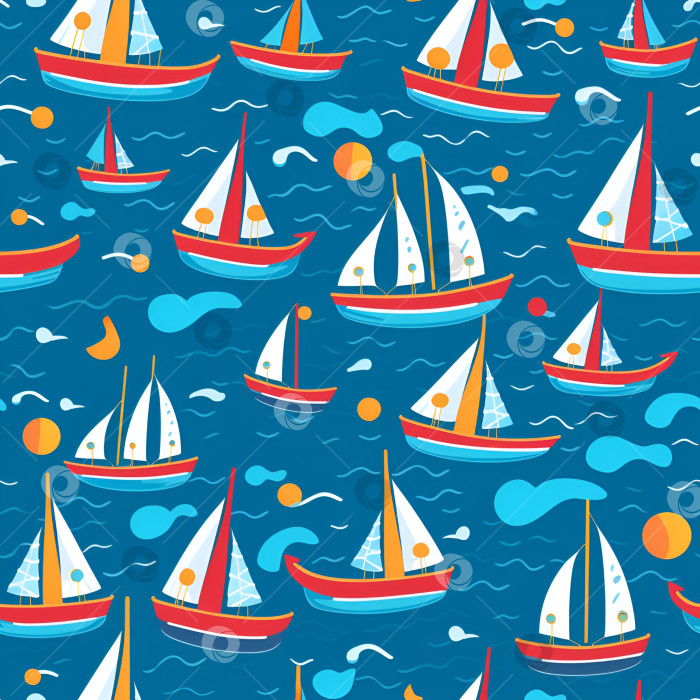 Скачать Бесшовный узор с изображением ярких мультяшных корабликов на светло-голубом фоне фотосток Ozero