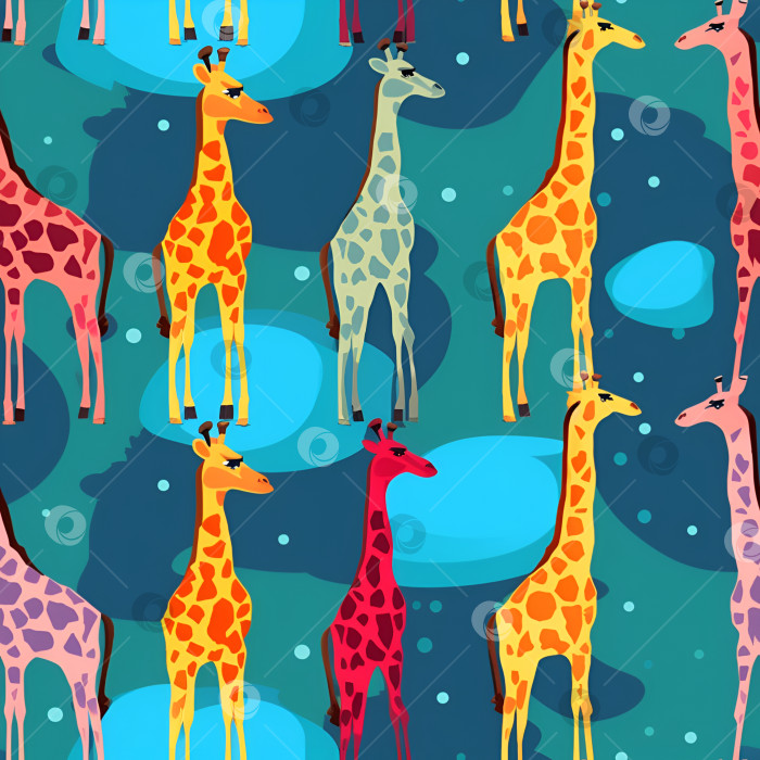Скачать Бесшовный узор с изображением ярких мультяшных жирафов на контрастном фоне фотосток Ozero