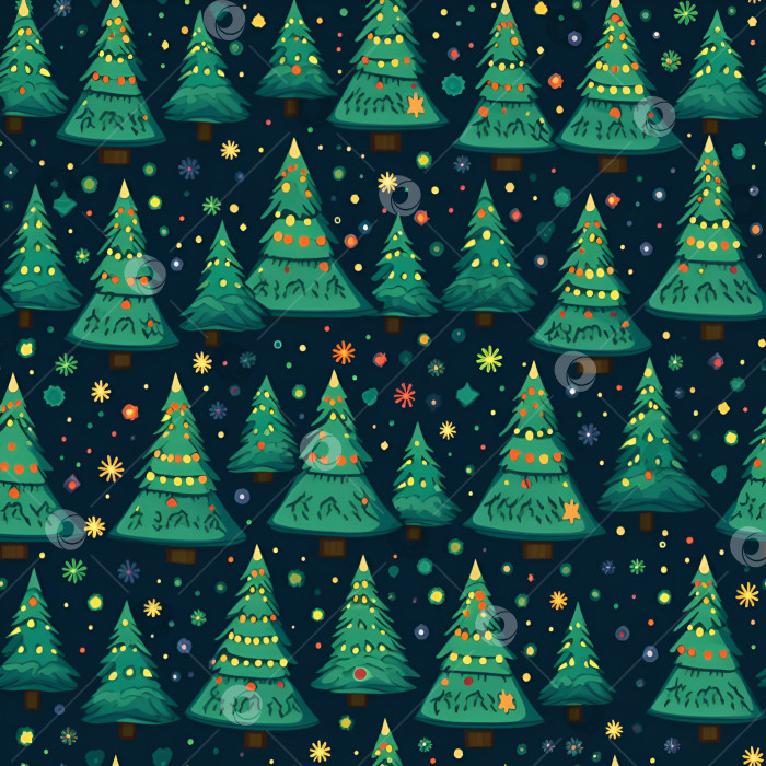 Скачать Бесшовный узор с изображением ярких мультяшных рождественских елок на темном фоне фотосток Ozero