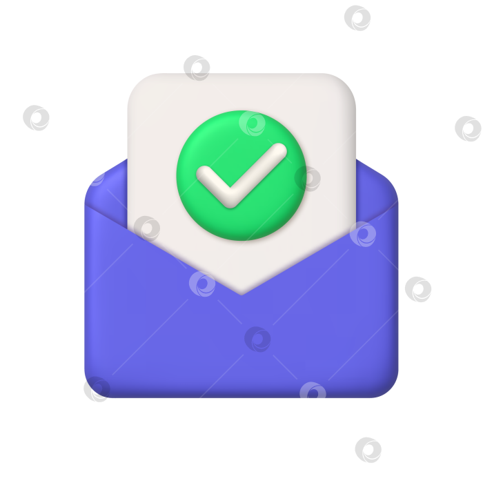 Скачать 3d-значок нового сообщения. Фиолетовый открытый почтовый конверт, бумага и зеленая кнопка с галочкой. реалистичный элемент 3d-дизайна. фотосток Ozero