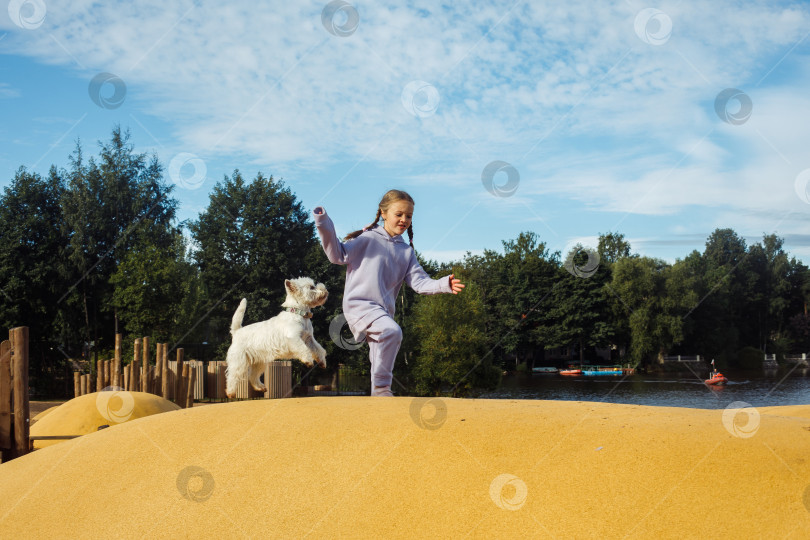 Скачать семилетняя девочка играет на детской площадке со своим белым щенком, солнечный летний день фотосток Ozero