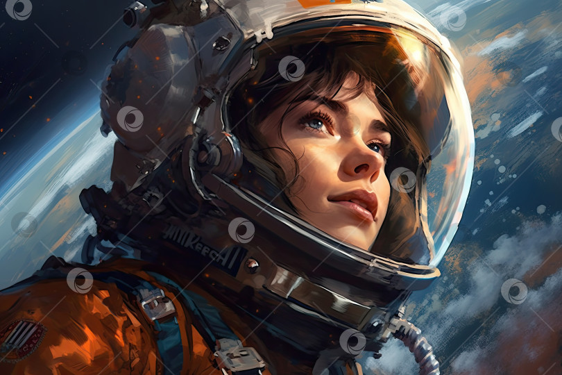 Скачать Молодая симпатичная женщина-астронавт, исследующая космическое пространство фотосток Ozero