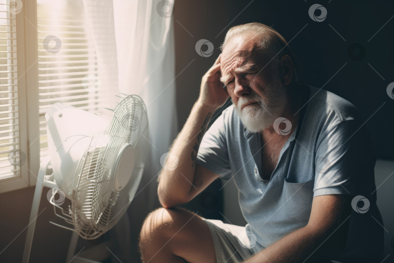 Скачать Мужчина средних лет сидит у себя дома возле вентилятора охлаждения фотосток Ozero
