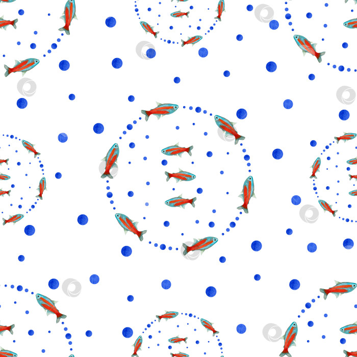 Скачать Акварельный подводный бесшовный узор из неоновых рыбок тетра на белом фоне. Печать для дизайна, открыток, фона, меню, сувениров, декора, баннеров, обоев, ткани, текстиля, упаковки фотосток Ozero