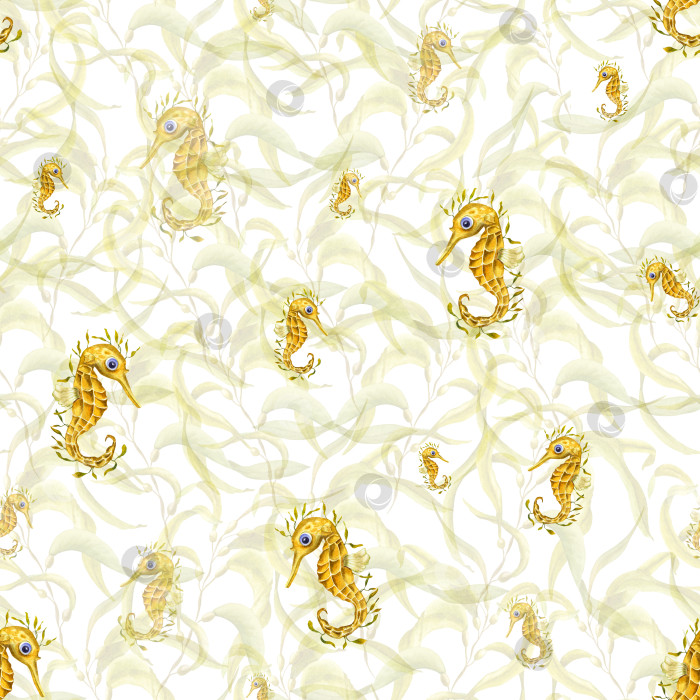Скачать Акварельный бесшовный узор из желтых морских коньков, выделенных на фоне морских водорослей. Для оформления поздравительных открыток, меню, фона, принтов, обоев, ткани, текстиля, упаковки. фотосток Ozero