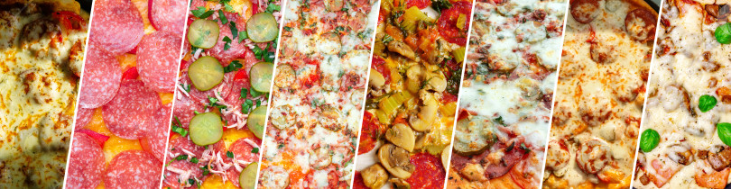 Скачать Коллаж с разными видами пиццы, текстурой, фоном. Продовольственный баннер. Формат коллажа, панорамы фотосток Ozero