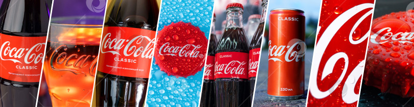 Скачать Тюмень, Россия - 22 января 2023 года: Коллаж Coca-Cola, баннерная компания со штаб-квартирой в Атланте, штат Джорджия, США фотосток Ozero